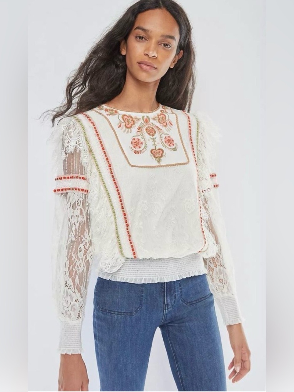 BL-NK London Tali Embroidered Floral Cream Lace
Blouse, Size Large.